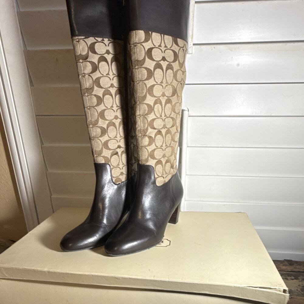 Coach Gail Signature Logo Knee High Riding Boot, Brown Beige, Leather, Round Toe
